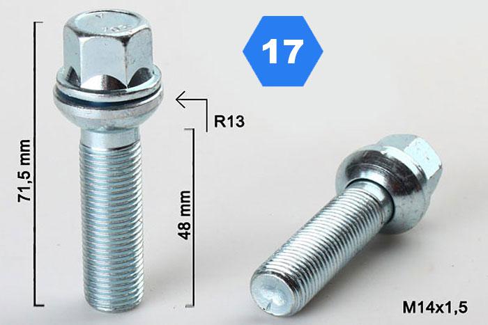 M14x1,5, Radius 13, Wielbout radius, Draadlengte 48mm, SW 17, o.a.VW/Audi